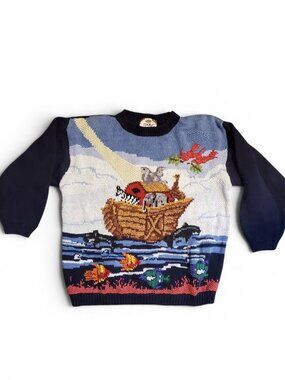 Vintage Noah's Ark Pullover Sweater 90s FIsh Whale Animals Novelty Embroidered
